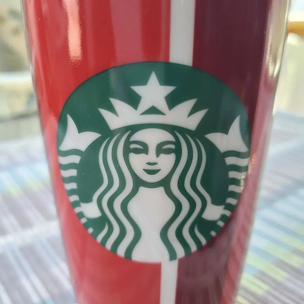 Starbucks Holiday Ceramic Tumbler Red Stripe Double Wall Travel 12 Oz Mug Cup